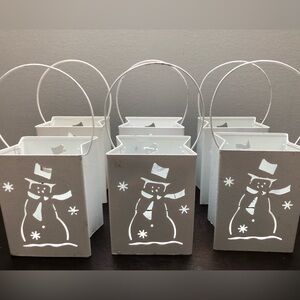SIX Winter White Vintage Snowmen Metal Luminary Candle Holders